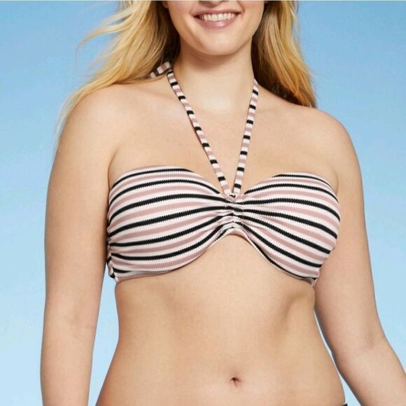 Shade & Shore halter bandeau bra size black white stripe bikini swim top 38D - Picture 1 of 6